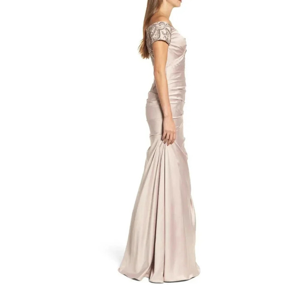 LA FEMME Champagne Beaded Back Off the Shoulder Ruched Crepe Satin Gown - Picture 2 of 11